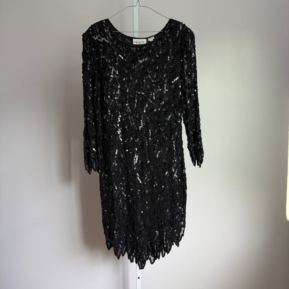 Swee Lo Vintage‎ Dress 100% Silk Sequin Dress Long Sleeve Party Cocktail size S